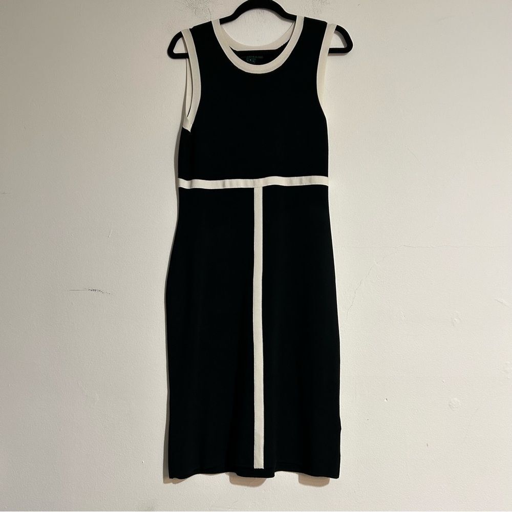 Lauren Ralph Lauren Black White Trim Knit Sleeveless Sheath Dress Size Medium